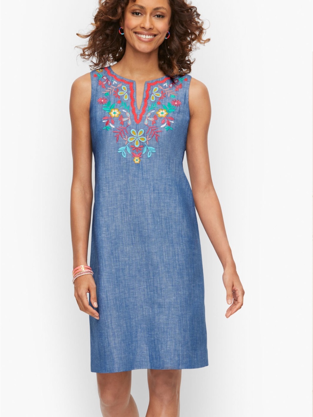 Talbots Plus Embroidered Linen Blend Shift Dress 22W Blue Split Neck